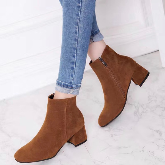Shoes - Faux Brown Suede Block Heeled Ankle Boots with Side Zipper